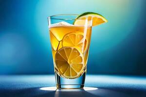 delicioso cóctel en un vaso copa servido con limón rebanada en azul antecedentes ai generado foto