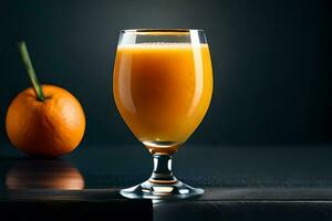Fresco naranja jugo en el vaso en oscuro antecedentes ai generado foto