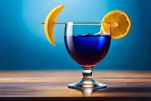 delicious cocktail in a glass goblet served with lemon slice on blue background AI Generated photo