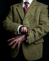 retrato de Caballero en tweed traje y cuero guantes en pie esmeradamente. Clásico estilo y retro Moda de Inglés Caballero. foto
