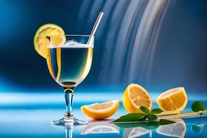 delicious cocktail in a glass goblet served with lemon slice on blue background AI Generated photo