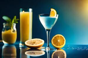 delicious cocktail in a glass goblet served with lemon slice on blue background AI Generated photo