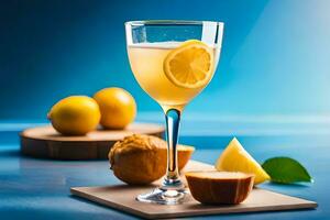 delicious cocktail in a glass goblet served with lemon slice on blue background AI Generated photo