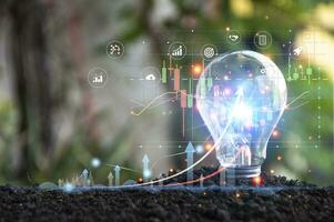 Planning Strategy Stock Market Business Growth progress or success Businessman or trader hand touches showing virtual hologram stock invest in trading photo