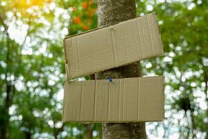 Crate paper sign on the tree for writing environmental campaign messages and forest conservation, for example, do not cut trees, plant conservation areas, love the world, love trees, etc. photo