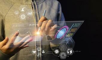 Chatbot conversation Ai Artificial Intelligence technology online customer service.Digital chatbot, robot application, OpenAI generate. financial investment stock market.Virtual assistant on internet. photo