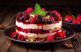 Delicious raspberry cake with fresh strawberries, raspberries, blueberries, currants, and pistachios on wooden background photo