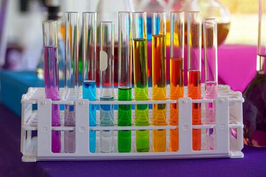 a solution in a scientific test tube Set up to observe, record results, and summarize experimental results. Soft and selective focus. photo
