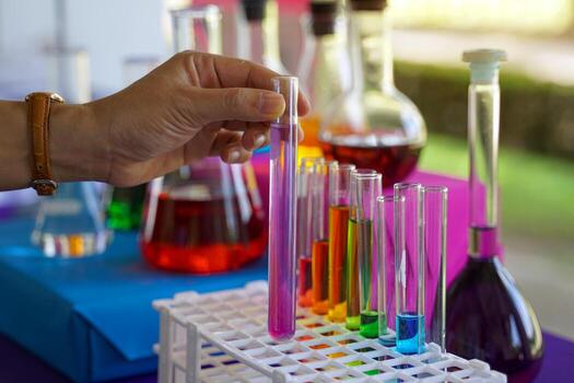 Hand holding a test tube with solution to observe and compare with results from other tubes. Then analyze and summarize the experimental results. Soft and selective focus. photo