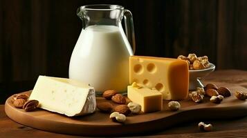 Wedge of Swiss cheese with jug of milk on an old wooden table. Close-up of board with cheese, milk jug, nuts and honey on a dark background photo