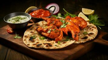 tradicional bangladeshi irascible comida pollo tandoori y tikka con ajo naan. foto