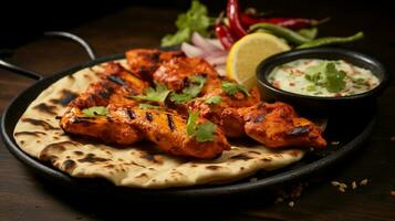 Traditional Bangladeshi Testy food chicken tandoori and Tikka with garlic naan. photo