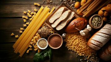 Gluten free food. Various pasta, bread, snacks and flour on wooden background from top view photo