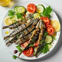 Fresco A la parrilla sardinas servido con Fresco Tomates, pepinos rebanadas y limón en blanco plato para Mediterráneo sano comida foto