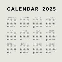 Simple calendar 2025, week start sunday template. vector