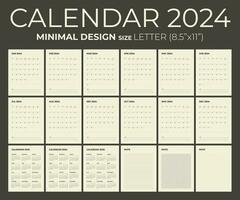 moderno mensual calendario Nota y planificador para 2024, el semana empieza en domingo, calendario en el estilo de minimalista diseño, letra tamaño. vector