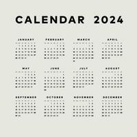 Simple calendar 2024, week start sunday template. vector