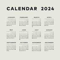 Simple calendar 2024, week start sunday template. vector