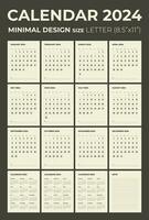 Calendar and for 2024, the week starts on Sunday, calendar in the style of minimalist design, letter size. vector