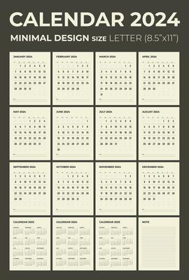 Calendar and for 2024, the week starts on Sunday, calendar in the style of minimalist design, letter size.