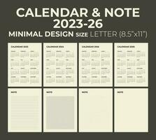 Calendar and note for 2023, 2024, 2025, 2026, the week starts on Sunday, calendar in the style of minimalist design, letter size. vector