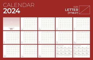 Calendar 2024, Landscape, Minimal Table Design, Week start Sunday template. vector