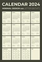 Calendar and for 2024, the week starts on Sunday, calendar in the style of minimalist design, letter size. vector