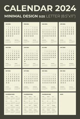 Calendar and for 2024, the week starts on Sunday, calendar in the style of minimalist design, letter size.