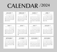 Calendar 2024, minimal design, week start sunday template. vector