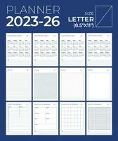 Planner 2023, 2024, 2025, 2026, Portrait, Minimal Table Design, Week start Sunday template. vector