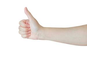 Woman hand gesture thumb up sign isolated on white background photo