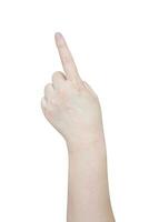 female hand touching or pointing to something isolated on white background photo