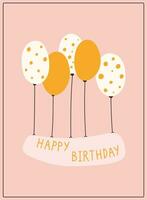 Happy birthday cartoon greeting card. Vector isolated flying banner with hot air balloons.