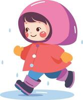 Hand Drawn A child in a raincoat showing a joyful expression that it is raining in flat style vector