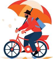 Hand Drawn man riding a bicycle and holding an umbrella in flat style vector