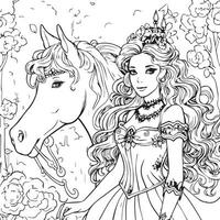 un unicornio y princesa colorante página vector