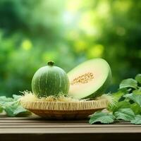 Green Crown Musk Melon on blurred greenery background, Cantaloupe Crown Melon fruit in Bamboo mat on wooden table in garden Generative AI photo