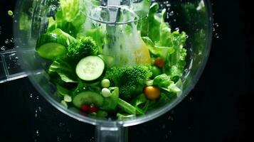 Fresh organic vegetables being blended with clear water in a transparent mixer bowl viewed from the top. Preparing a smoothie on a gray background in super slow motion. photo