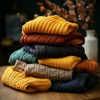 tack of knitted textured clothing on table.Colorful winter clothes,warm apparel.Heap of knitwear. high sweater, cap hand knitted mountain waiting to be washed wool socks folded cotton photo