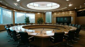 reunión habitación con un grande conferencia mesa en un moderno oficina de el valores intercambio. foto