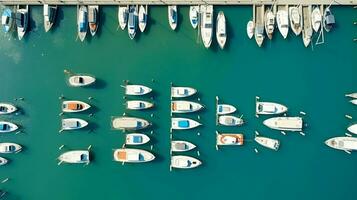 A top-down aerial view of sailboats and yachts docked at the yacht club. photo