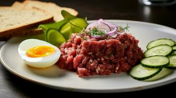 sabroso filete tartar crudo carne de vaca - clásico filete tartar en blanco plato increíble antecedentes. foto