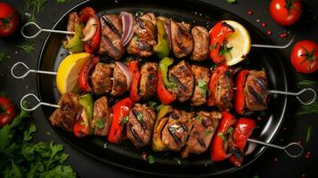 Most important meat dish of Turkish cuisine kebabs is a rich product that is cooked on embers Shish kebab with mushrooms, cherry tomato, and sweet pepper, Grilled meat skewers. Top view. Generative AI photo