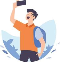 Hand Drawn Tourist is traveling and taking photos happily in flat style vector