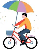 mano dibujado hombre montando un bicicleta y participación un paraguas en plano estilo vector