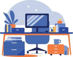 Hand Drawn desk in the office is organized in order in flat style vector