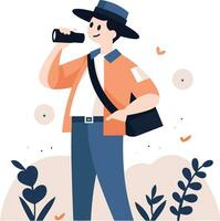 Hand Drawn Tourist is traveling and taking photos happily in flat style vector