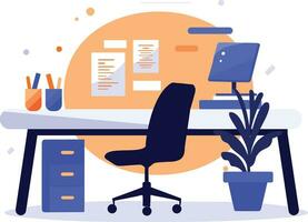 Hand Drawn desk in the office is organized in order in flat style vector