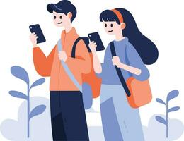 Hand Drawn Tourist is traveling and taking photos happily in flat style vector