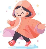 Hand Drawn A child in a raincoat showing a joyful expression that it is raining in flat style vector